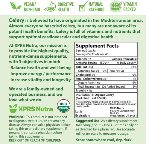 XPRS Nutra Organic Celery Powder - Celery Organic Fresh Powder Antioxidant - Premium Celery Powder Organic - Vegan Friendly Celery Fresh Powder (8 Ounce) in Saudi Arabia