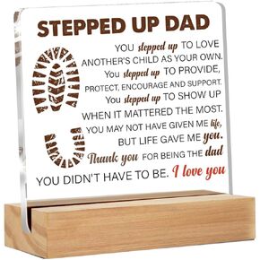 Stepdad Gifts From Stepdaughter Stepson, Stepfather Gifts for Birthday Christmas Father's Day, Stepped up Dad Clear Acrylic Desk Decorative Sign for Home Decor, 4 x 4 Inches