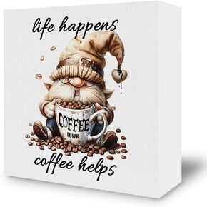 Coffee Bar Desk Decor Decorations - Funny Coffee Gnome Wooden Box Sign, Coffee Gnomes Wood Block Plaque Box Sign for Coffee Station Office Kitchen Decoration, 5x5 Inches