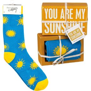 Primitives by Kathy 105545 Decorative Box Sign & Pair of Socks Gift Set-You are My Sunshine, One Size, Blue, Yellow