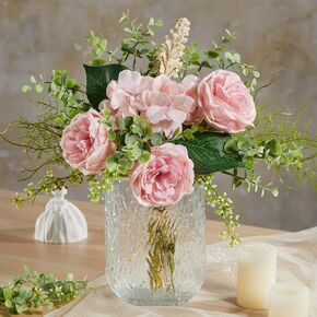 Serwalin Fake Flowers in Vase, Table Centerpieces Decor Flowers, Artificial Flowers in Vase White Peony Floral Arrangements Home Decor, Silk Flowers with Glass Vase, Living Room Decorations