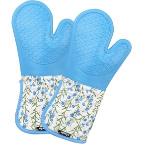 Silicone Oven Mitts Heat Resistant 932℉ with Waterproof & Non-Slip Kitchen Mittens, Set of 2 Extra Long Oven Gloves with Soft Cotton Terry Lining for Baking Cooking Barbecue