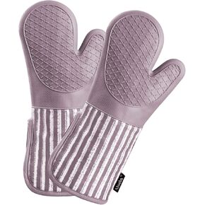 Silicone Oven Mitts Heat Resistant 932℉ with Waterproof & Non-Slip Kitchen Mittens, Set of 2 Extra Long Oven Gloves with Soft Cotton Terry Lining for Baking Cooking Barbecue