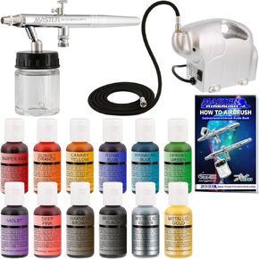 Master Airbrush Cake Decorating Airbrushing System Kit with a Set of 4 Chefmaster Food Colors, G34 Gravity Feed Dual-Action Airbrush, Air Compressor, Hose, Storage Case