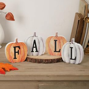 Fall Pumpkin Decor, 4pcs Wood Sign Pumpkin Block Set Farmhouse Fall Table Décor for Home Office Thanksgiving Tiered Tray Decor