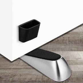 Door Stoppers (1 Pack) Door Stoppers for Bottom of Door, Door Stop Floor Doorstop Door Wedge Stopper Made of Zinc Alloy and Rubber, Comes with Adhesive Storage Holder. (Silver, 1 Pack)
