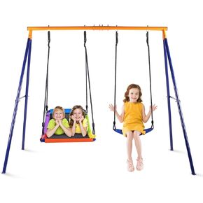 مجموعة أرجوحة Lunafun للفناء الخلفي، مجموعة أرجوحة بوزن 440 رطلًا مع حامل معدني خارجي عالي التحمل على شكل حرف A، ومقعد أرجوحة بمنصة مستطيلة ومقعد أرجوحة للأطفال