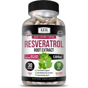 Kaya Naturals - Resveratrol Capsules - Anti Aging Supplement - Antioxidants with Brain Support - Maximum Benefits - 30 Veggies Capsules