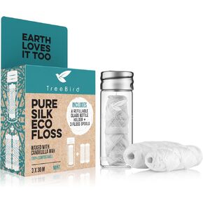 Biodegradable Dental Floss by TreeBird | Refillable & Reusable Zero Waste Glass Dispenser | 3x33yd Waxed Natural Cruelty Free Peace Silk Spools | 100% Compostable | Eco Friendly Plastic Free Oral Care