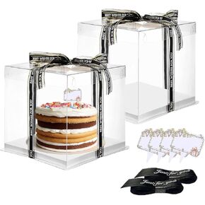 Clear Cake Box, 2 Pcs Transparent Cake Carrier Box with Lids, 8'' PET Cake Packaging Boxes with Ribbon Gift Card for Pastries, Clear Gift Boxes for Birthday, Wedding and Festival Party, White.