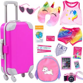 ZITA ELEMENT 7 Items Fashion Doll Camping Tent Set for 18 Inch Girl Doll Accessories - Including 18 Inch Doll Camping Tent, Sleeping Bag, Clothes Set, Shoes, Camera, Eye Glasses and Toy Dog