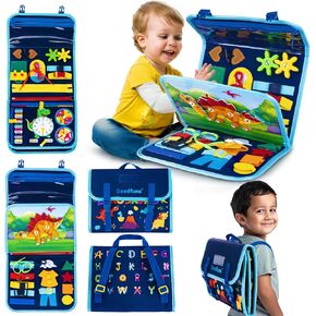 Busy Board Montessori Toys for 3 4 5 6 Year Old, 20 in 1 Busy Book Backpack for Toddlers, Preschool Learning Activities with 13 Life Skills, Travel Toys Birthday Gifts for Kids Boys Girls (Dinosaur)