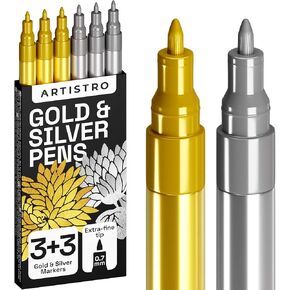 Gold & Silver Metallic Paint Pens for Rock Painting, Stone, Ceramic, Glass, Wood, Metal, Fabric, Canvas. Set of 6 Gold Permanent Oil Based Paint Markers and 6 Silver Paint Markers Extra Fine Tip 0.7mm
