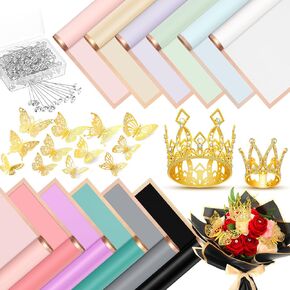 Qeeenar 186 Pcs Flower Wrapping Paper Set Include 24 Sheet of Bouquet Wrap Paper 2 Crown Cake Topper 60 3D Gold Butterfly Wall Decor and 100 Corsages Bouquet Pins for Wedding Birthday Party Decoration