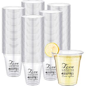 Dandat 200 Pack Disposable Wedding Plastic Cups Bulk 10oz Wedding Reception Cup Disposable Clear Plastic Glasses for Wedding Reception Supplies Bridal Shower Anniversary Birthday Party(Mr and Mrs)