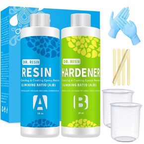 DR. RESIN 2 Part 1 Gallon Clear Epoxy Resin Kit (0.5 Gal Resin + 0.5 Gal Hardener) Crystal Jewelry Tabletop Resin with Cups Sticks Spreaders Gloves
