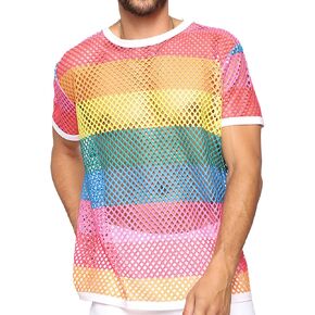 SEAUR Men's Rainbow Fishnet Tank Top See Through Undershirts Athletic Workout Muscle T-Shirt Rave Outfits