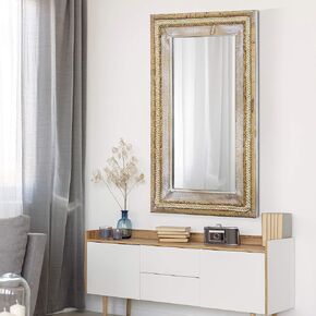 Head West Whitewashed Framed with Inlaid Hand Woven Rattan Wall Mirror, Vanity Mirror, Bathroom Mirrors, Rectangle Mirrors, Decorative Accent Mirrors, Living Room Mirrors - 24" x 39"