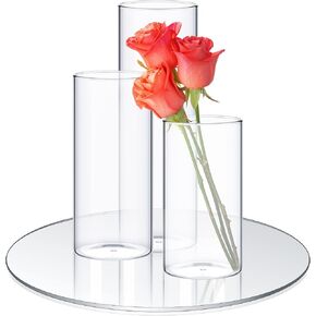 Sawysine 8 Pcs 2.6'' X 4.7'', 5.9'', 7.9'' Round Glass Mirror Trays Glass Cylinder Vase Wedding Table Flower Vase with Mirror Set Table Centerpiece Decoration for Wedding Decor Craft Baby Shower