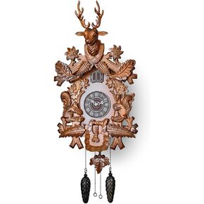 TIMEGEAR Cuckoo Clock with Automatic Night Mode, Hand Carved Deer Head and Wooden Decorations (Brown)