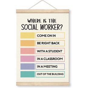 Yxadu Therapy Room Decorations, Canvas Poster Wood Hanger, Rustic Door Sign, Door Decoration for School Counseling Room, Social Worker Office Hanging Decor, Where is the Social Worker Poster