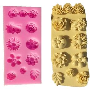 3 Pack Flower Cake Fondant Molds Mini Daisy Rose and Small Flower Leaf Shapes Silicone Mold for Sugarcraft Cake Decoration, Polymer Clay, Chocolate, Soap Wax Making Crafting Projects
