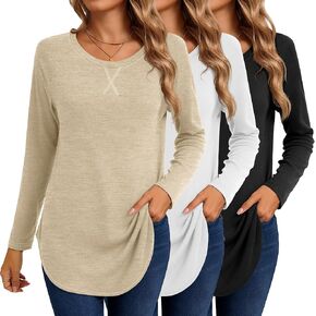 Ficerd 3 Pack Women's Long Sleeve Shirts, Loose Fit Tshirts Casual Sweatshirts Crew Neck Tunic Tops Side Split Pullover Tees