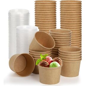 Lyellfe 100 Pack Disposable Paper Bowls with Lids, 8 Oz Heavy Duty Kraft Paper Bowl, To Go Soup Container Dessert Cups for Ice Cream, Yogurt, Cold and Hot