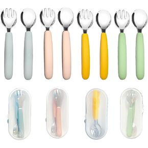 AHOTA Kids Utensils with Case, Silicone Silverware Set for Self Feeding, Toddler Forks, Toddler Spoons,Dishwasher Safe, suitable for 12 Months+ (4 Sets, Pink+Yellow+Green+Blue)