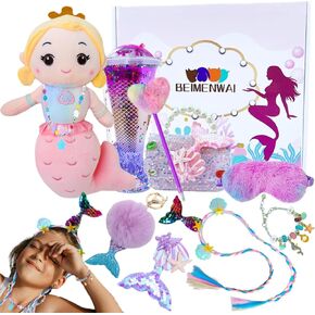 Mermaid Toys for Girls 4 5 6 7 8 9 10+ Years Old, Kids Mermaid Gifts with Mermaid Doll/ Water Bottle/ Sequin Bag/ Necklace/ Keychain/ Bracelet/ Eye Mask, Cute Mermaid Plush Toys for Girls Birthday