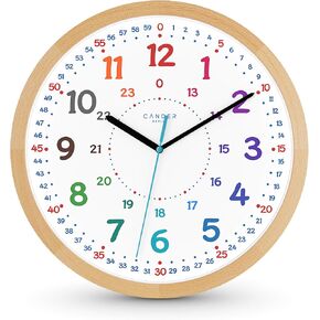 MNU 11230 Children's Wall Clock Silent 11.8 inch Solid Wood Beech Analog Learning Clock Boys Girls Nursery Without Ticking Noises 30.5 cm