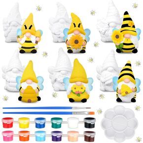 Poen 6 Sets Ready to Paint Your Own Ceramic Gnome Statues Spring DIY Unpainted Ceramics Gnome Figurines Kit Drawing Figurines DIY Art and Craft with Brush Palette Paint for Adult