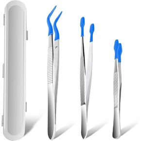 3 Pcs Tip Tweezers with Rubber, AngleKai Non-Marring Silicone Tipped Tweezers Rubber Bent Tip Flat Tweezers, Lab Tweezers for Jewelry Coin Stamp Rubber Tweezers (Blue)