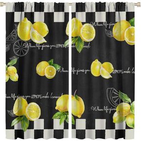 Vintage Lemon Curtains, Rustic Farmhouse Yellow Orange Fruit Leaves Decor Black White Check Seamless Pattern Drapes, Blackout Rod Pocket Window Treatments for Living Room Bedroom Kitchen 42x45in