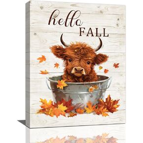 Fall Wall Art Highland Cow Maple Leaf Pictures Wall Decor Autumn Canvas Prints Framed Artwork Home Office Decorations for Bathroom Living Room Bedroom Dinning Room 12"x16"