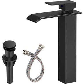 Black Bathroom Vessel Sink Faucet, Waterfall Bathroom Faucet, Vessel Faucet, Tall Body High 1 Hole Single Handle with Pop Up Drain Combo Lavatory Vanity Mixer Tap Commercial Basin Bowl Sink