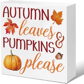 Fall Home Decor Autumn Gnome Pumpkin Wood Plaque Block Sign Fall Decorations for Desk Table Shelf 5 X 5 Inches
