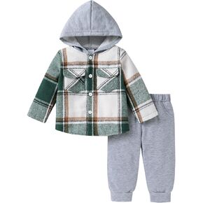 YOUNGER TREE Toddler Boy Clothes Hoodie Sweatsuit Outfits Kids Flannel Plaid Shirt Top Pants Set for Fall Winter Spring