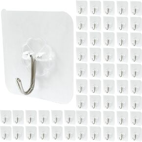 Adhesive Hooks Heavy Duty Self Adhesive Wall Hooks Transparent Waterproof Reusable Seamless Sticky Hooks for Kitchens, Bathroom, Office(60 Pcs)