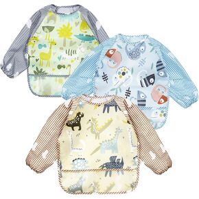 PandaEar Open Pocket Long Sleeve Bib 3-Pack Waterproof Crumb Catcher Apron