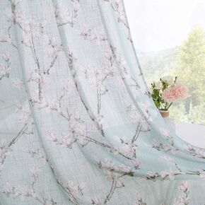 RYB HOME Linen Sheer Curtains - Semi Sheer Curtains 84 inch Long Gradient Ombre Forest Landscape for Bedroom Living Room Backdrops Decor, W 50 x L 84, 2 Pcs