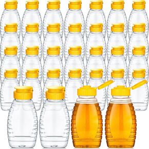 Eccliy 32 Pcs 8.8 oz Clear Plastic Honey Jar Empty Honey Bottles with Caps Refillable Honey Containers Leakproof Honey Squeeze Bottle Honey Bottle Container Holder with Flip Lid for Storing (Yellow)