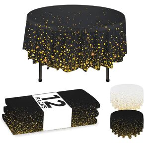 NORZEE 12-Pack Black Disposable Plastic Tablecloths, 84" Plastic Table Cloth, Round Table Cover, Round Plastic Tablecloth Disposable Black Gold CONFETY
