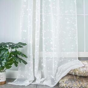 White Floral Sheer Curtains 2 Panels Elegant Vine Embroidered Light Filtering 96 inch Long Voile Drapes Rod Pocket for Living Room/Bedroom/Dining Room Children Window Treatment (55" Wx96 L)
