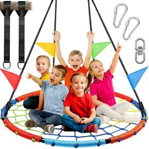 Odoland Spider Web Tree Swing, Outdoor Saucer Net Swing, 900D Oxford Platform Swing for Kids Adult, Backyard Round Flying Swing with Hanging Ropes Straps and Turnbuckle 43in Black