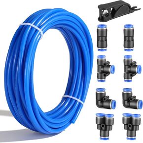 Pneumatic 6mm OD 4mm ID Polyurethane PU Air Line Kit, Includes 1 Tube cutter, 2 Splitters, 2 Elbows, 2 Tees, 2 Straight Connectors (32.8ft Black)