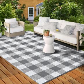 Outdoor Rug 5x8 Waterproof Reversible Patio Rug Modern Geometric Outdoor Carpet Plaid Outdoor Plastic Straw Rug Camping Rugs for Rv Porch Deck Camper Balcony Backyard, Black/White
