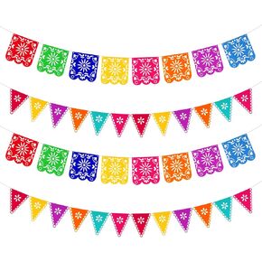 Qpout 4 Pack Mexican Party Decorations Banners, Felt Colorful Day of the Dead Papel Picado Banner, Fiesta Birthday Baby Shower Party Decorations, Dia De Los Muertos Garland, Cinco de Mayo Flags