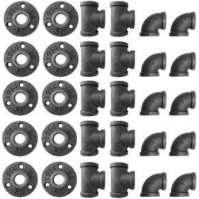 1/2 Inch Black Malleable Iron Cast Pipe Fitting Flange Tees Elbow, for DIY Decor or Industrial Vintage Style, 30-Pack