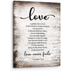 PHAMTE 1 Corinthians 13:4-8 Love Never Fails Retro Wall Art,Christian Bible Verse Scripture Print Framed Canvas Painting Artwork Home Bathroom Room Office Church Decor（11x14 Inch）
